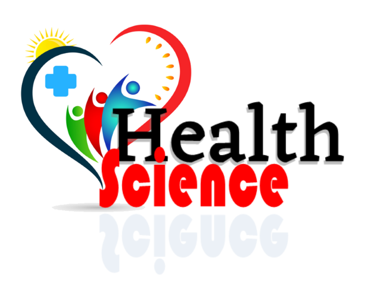 Health Science logo, black and red heart with representation of people inside-blue, red, green, text black and red